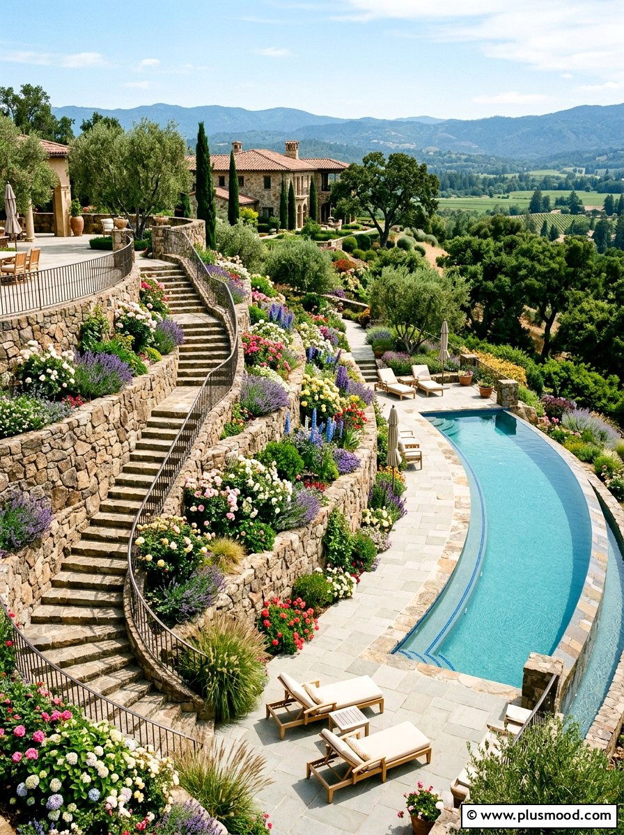 Tiered pool landscaping - 25 pool landscaping ideas with curved edges