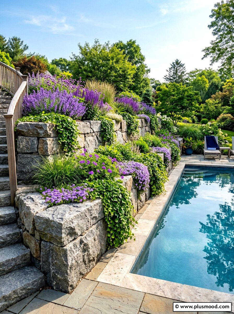 Tiered rock retaining wall - 25 summer pool landscaping ideas with rocks