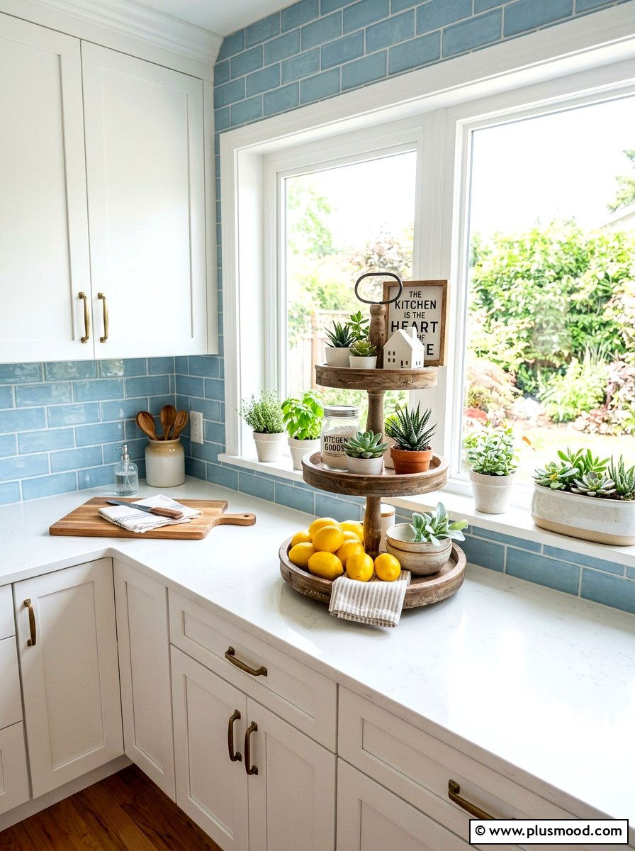 Tiered tray display - 25 summer kitchen window decor ideas