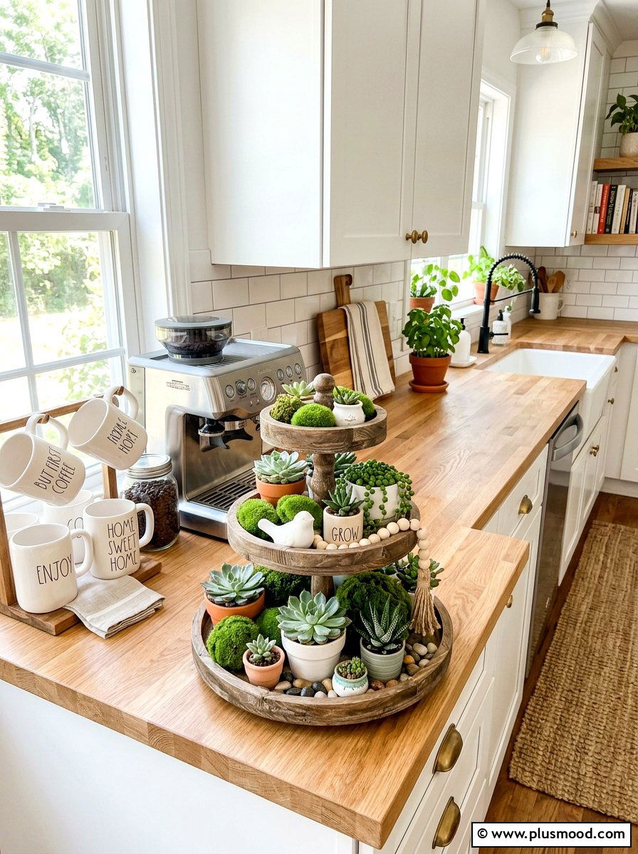 Tiered tray greenery display - 25 summer greenery kitchen decor ideas