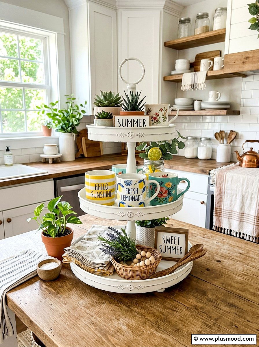 Tiered tray summer decor - 25 summer kitchen centerpiece ideas