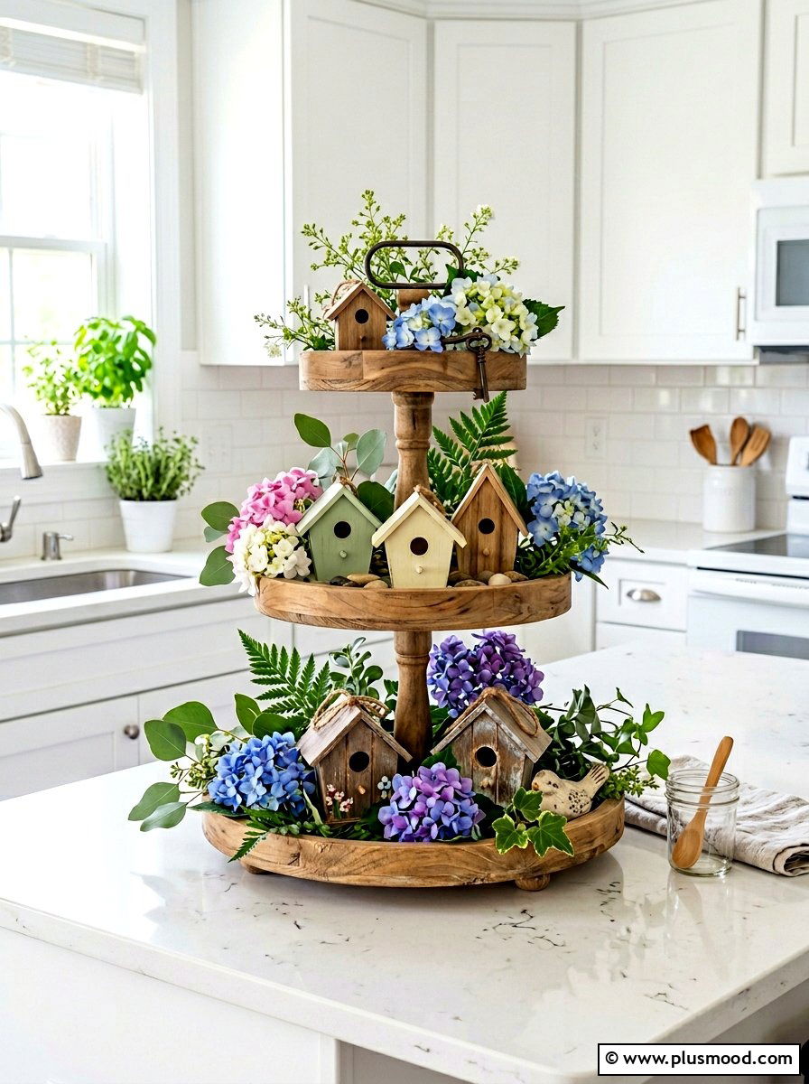 Tiered tray summer hydrangea decor - 25 summer kitchen decor ideas with hydrangeas