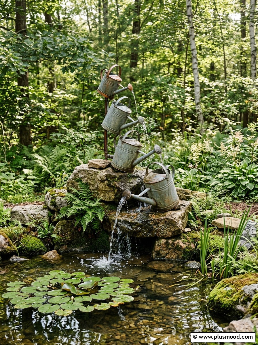 Tiered watering can fountain - 25 outdoor garden decor ideas with watering cans