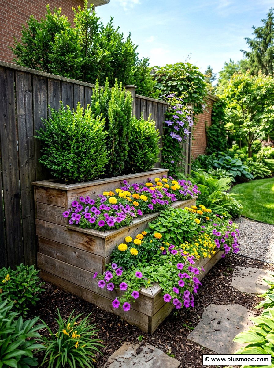 Tiered wooden flower bed - 25 summer corner flower bed ideas