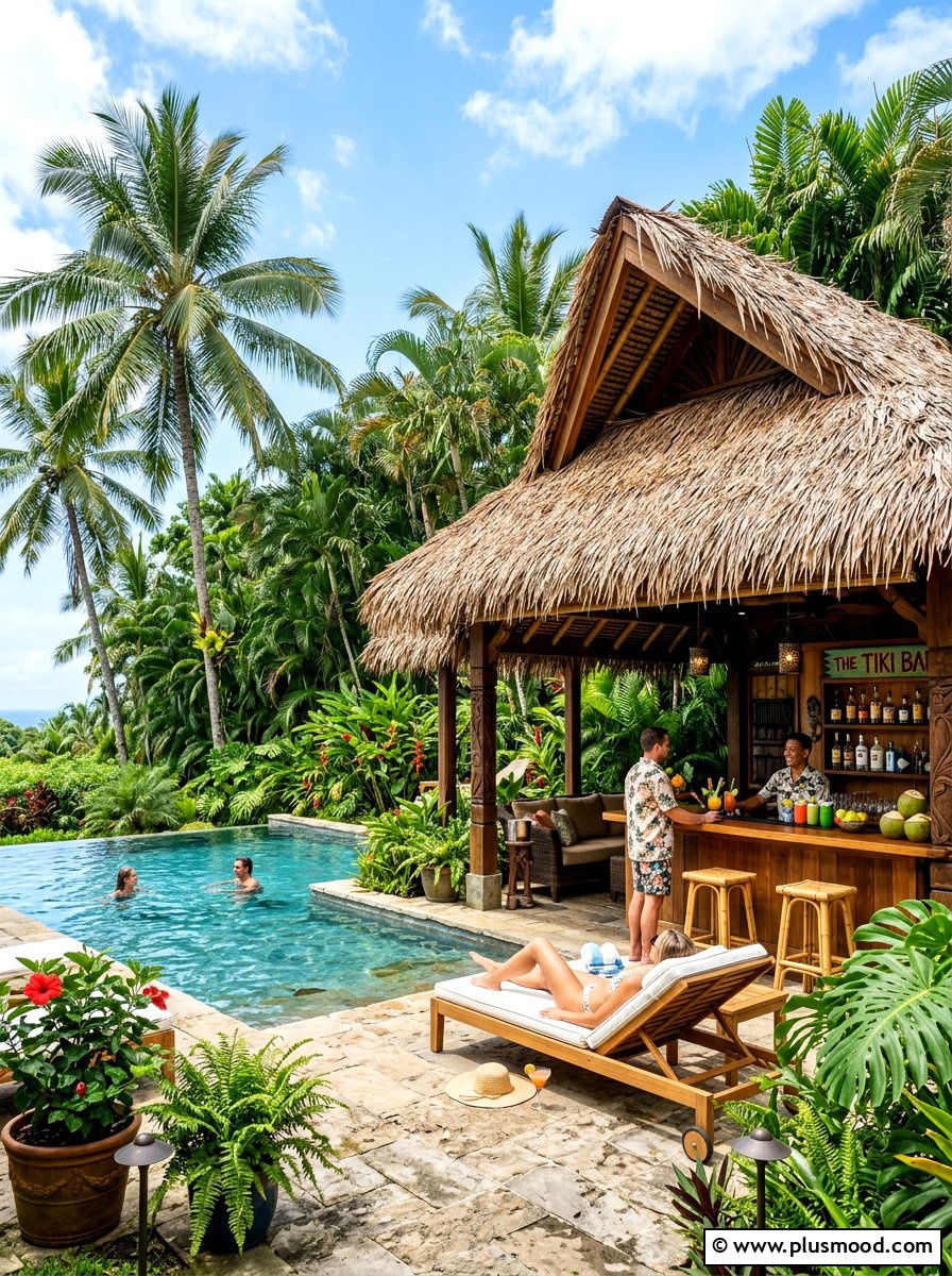 Tiki hut pool area - 25 pool landscaping ideas with tropical plants