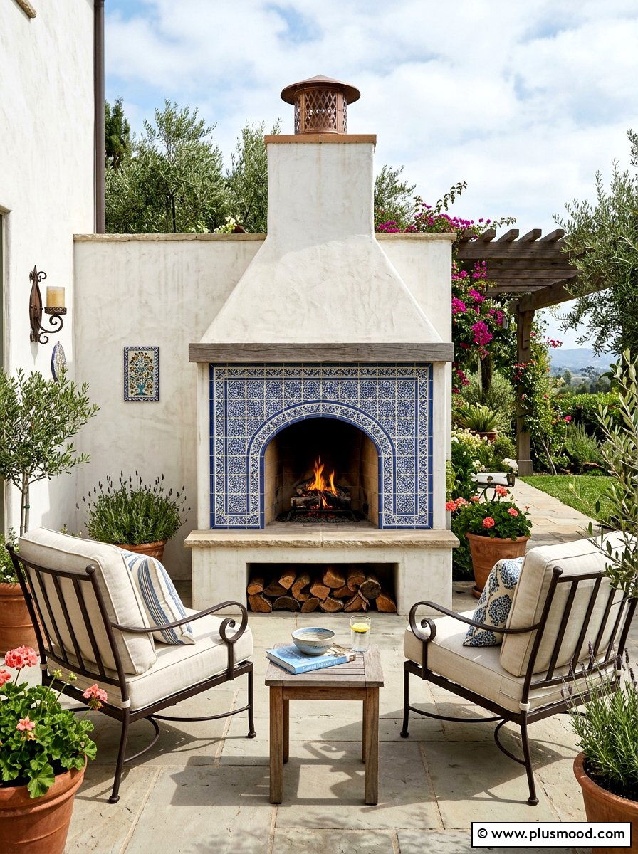 Tiled Outdoor Fireplace - 25 summer Mediterranean patio ideas