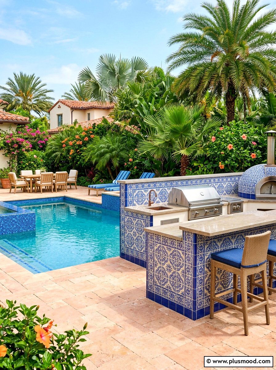 Tiled Outdoor Kitchen - 25 pool landscaping ideas with outdoor kitchen