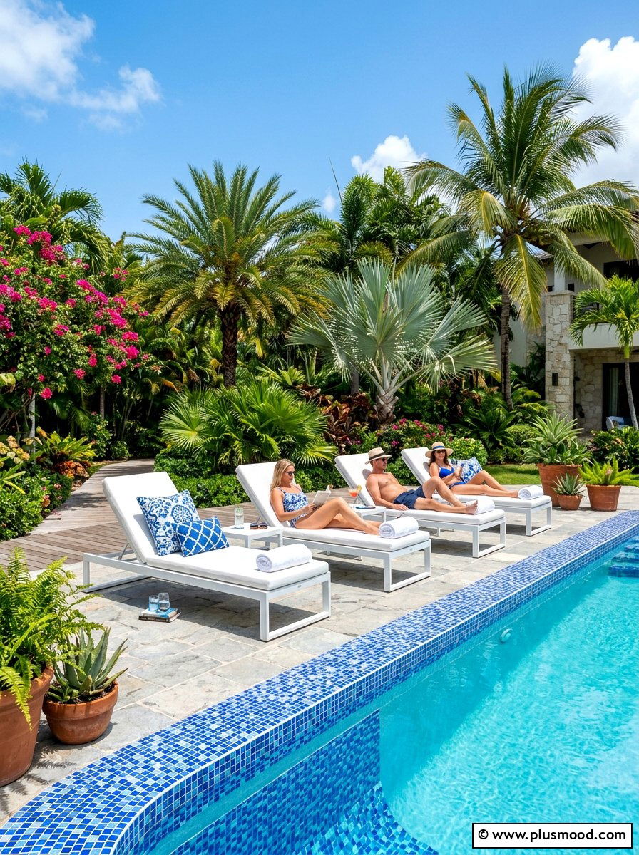 Tiled poolside lounge area - 25 summer decor ideas with blue and white