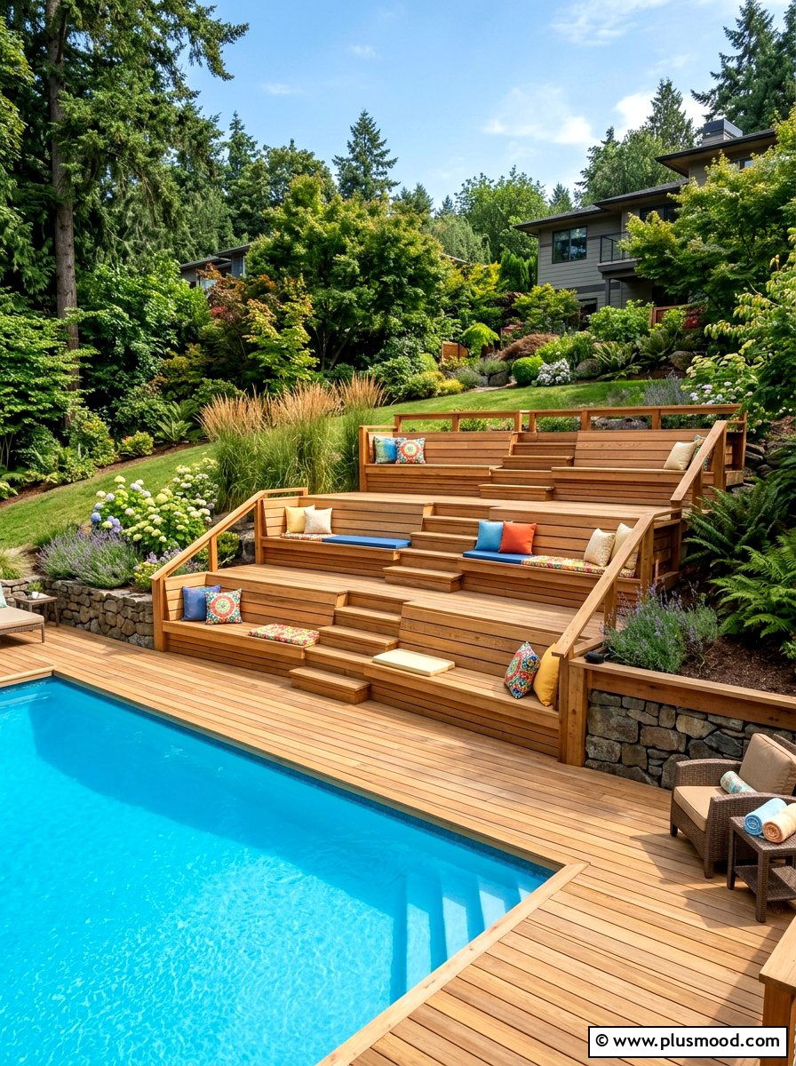 Timber Tiered Seating - 25 pool landscaping ideas for sloped yards