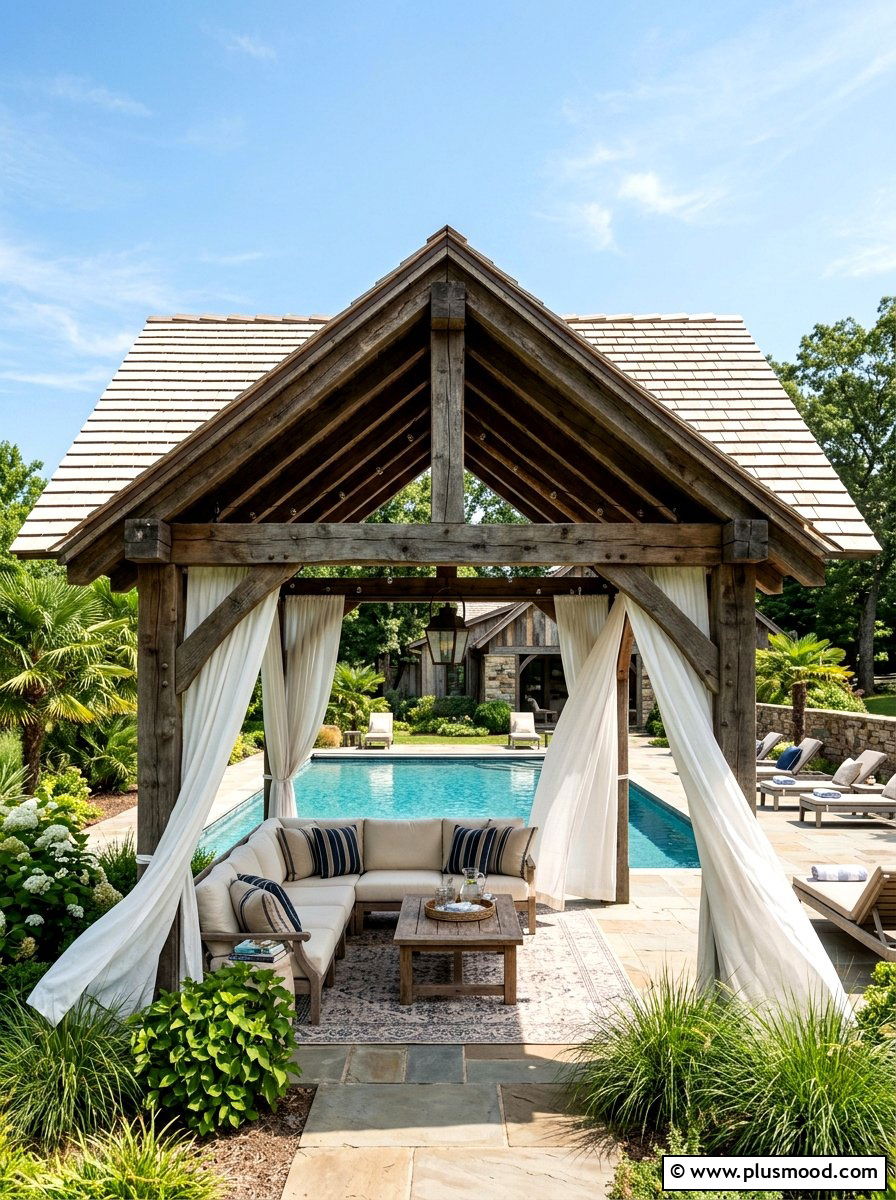 Timber frame pool cabana - 25 pool landscaping ideas for cottagecore theme