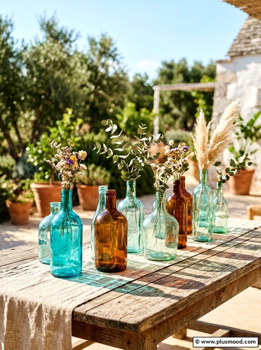 Tinted glass bottle table decor - 25 summer patio table decor ideas