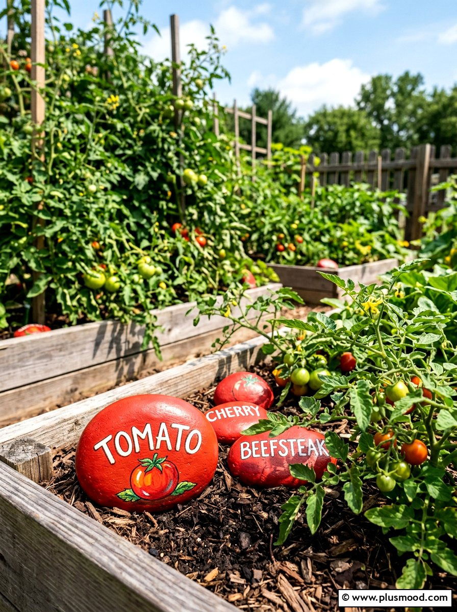 Tomato garden markers - 25 painted rock ideas with vegetable garden labels