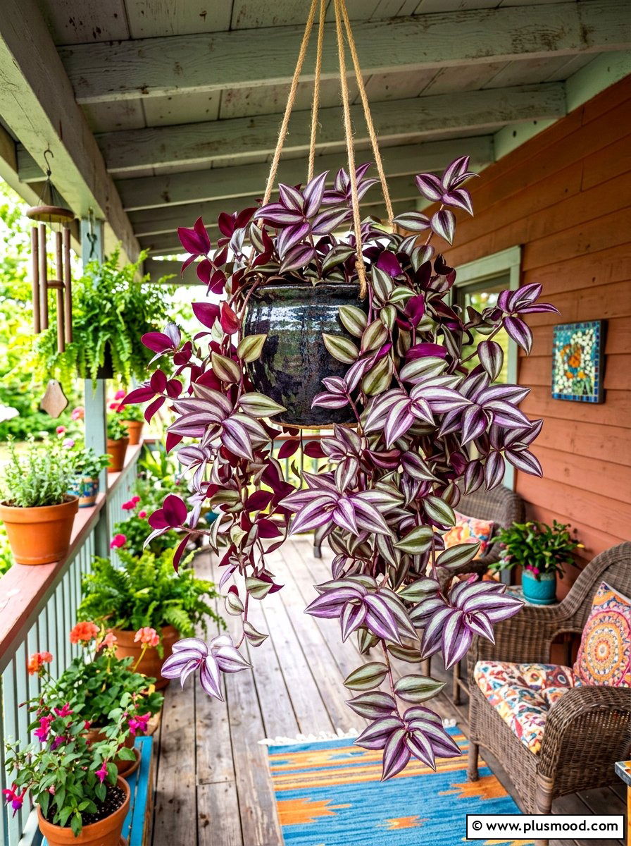 Tradescantia zebrina hanging basket - 25 summer front porch decor ideas with hanging baskets