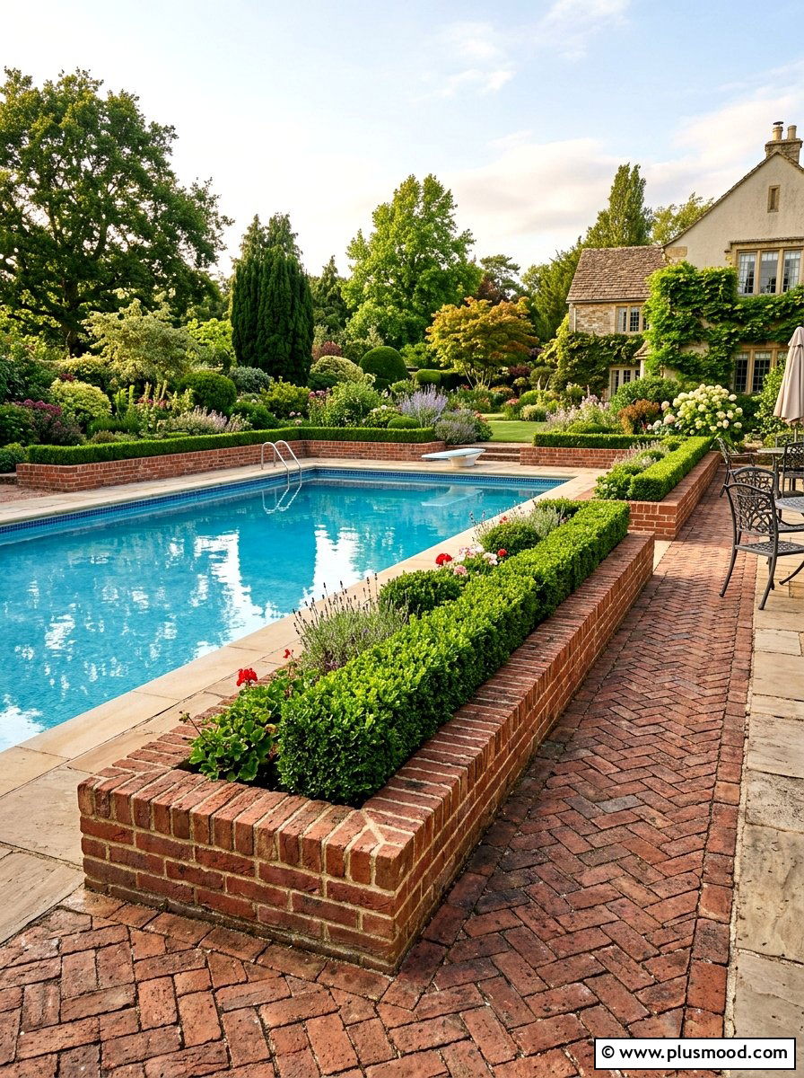 Traditional Brick Pool Border - 25 pool landscaping ideas with raised planters