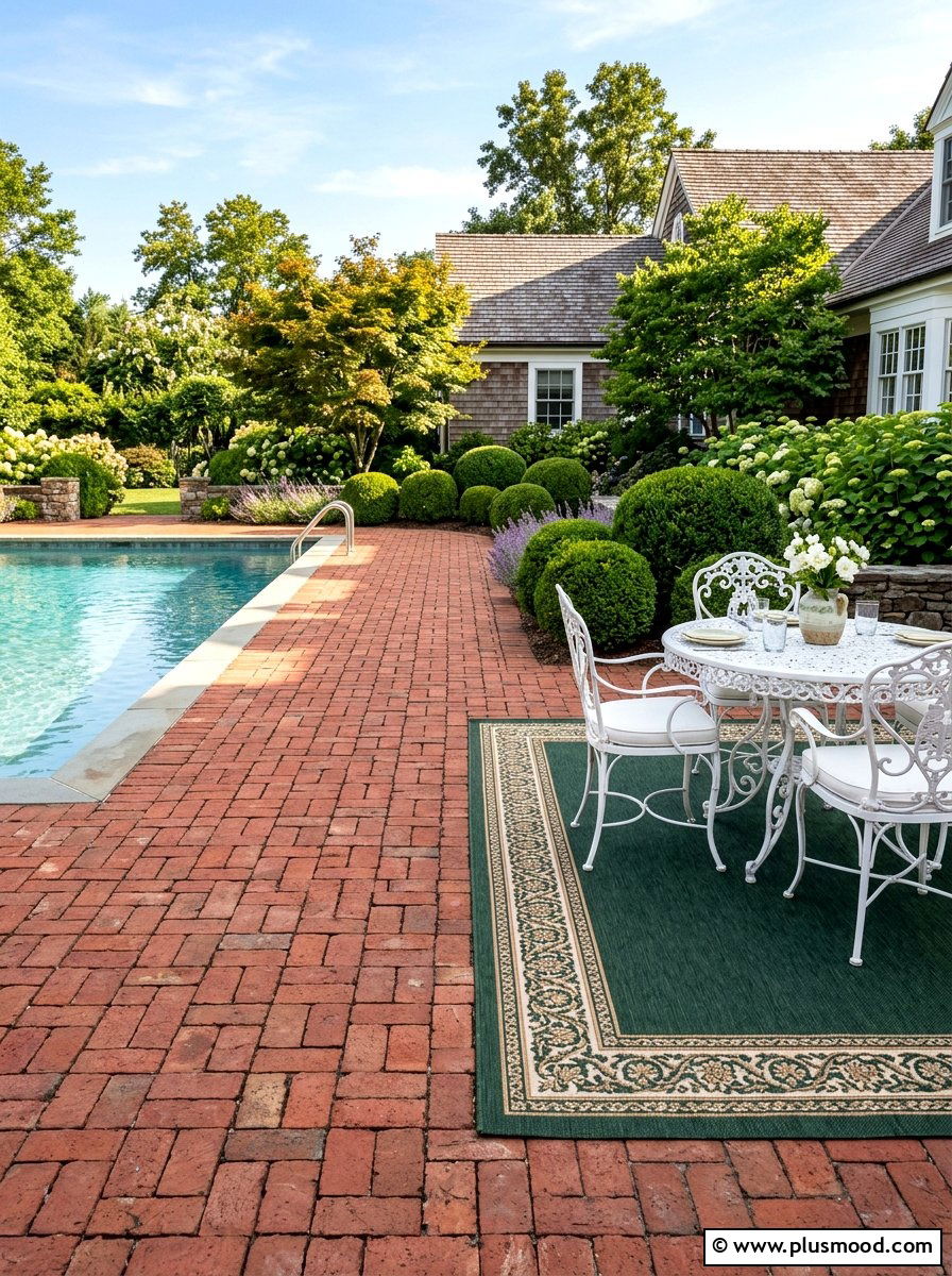 Traditional Brick Pool Deck - 25 pool landscaping ideas with outdoor rug