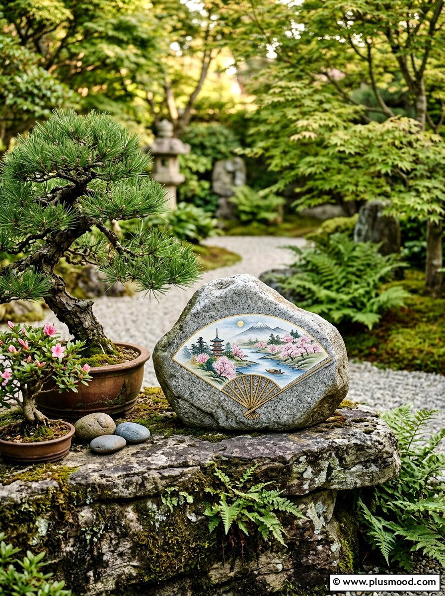 Traditional Japanese fan painting - 25 painted rock ideas for Japanese garden
