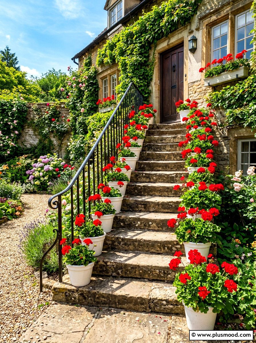 Traditional Red Geranium Steps - 25 summer front steps decor ideas