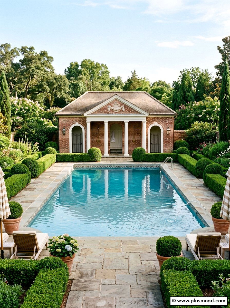 Traditional Symmetrical Pool With Classic Shower - 25 pool landscaping ideas with outdoor shower