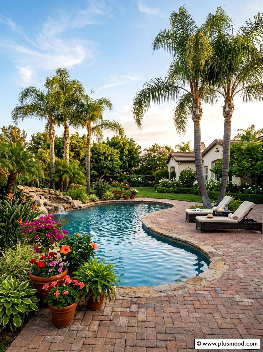 Traditional pool deck with queen palms - 25 pool landscaping ideas with palm trees