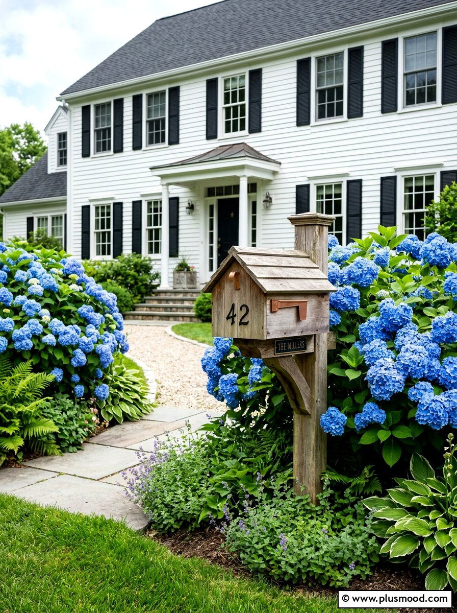 Traditional wood mailbox with hydrangeas - 25 summer mailbox landscaping ideas