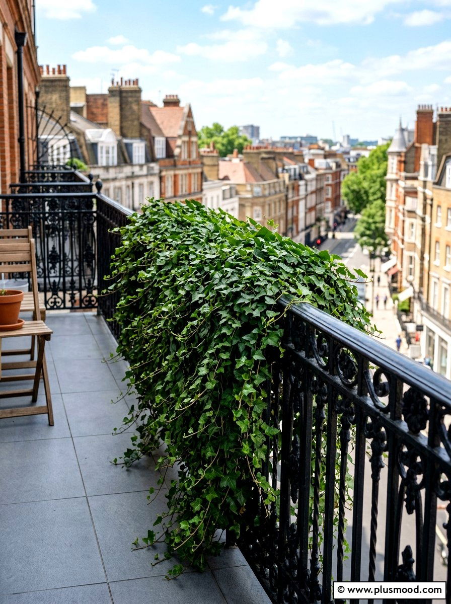 Trailing ivy on balcony rail - 25 small backyard ideas with hanging plants