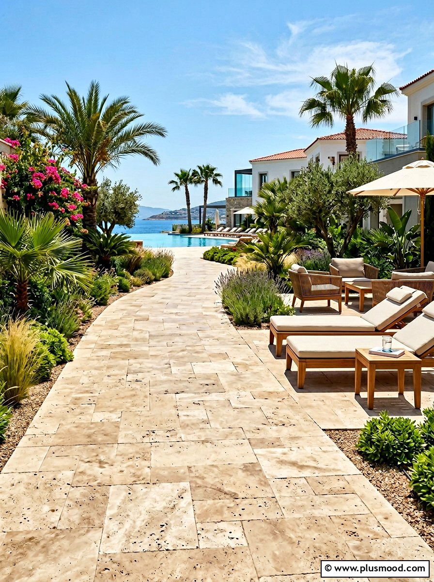 Travertine Path - 25 small backyard ideas with curved path