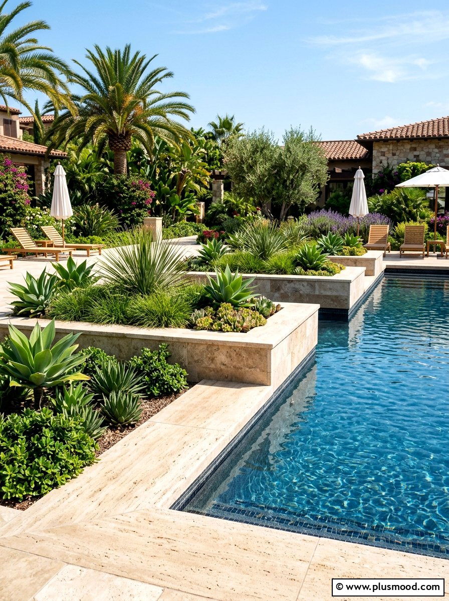 Travertine Stone Edge - 25 pool landscaping ideas with raised garden beds