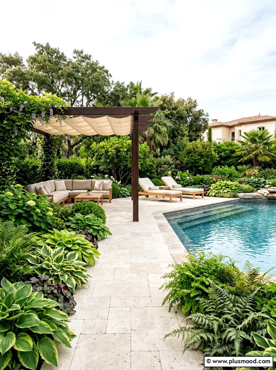 Travertine Tiles Shaded Pool Area - 25 pool landscaping ideas for shaded backyards