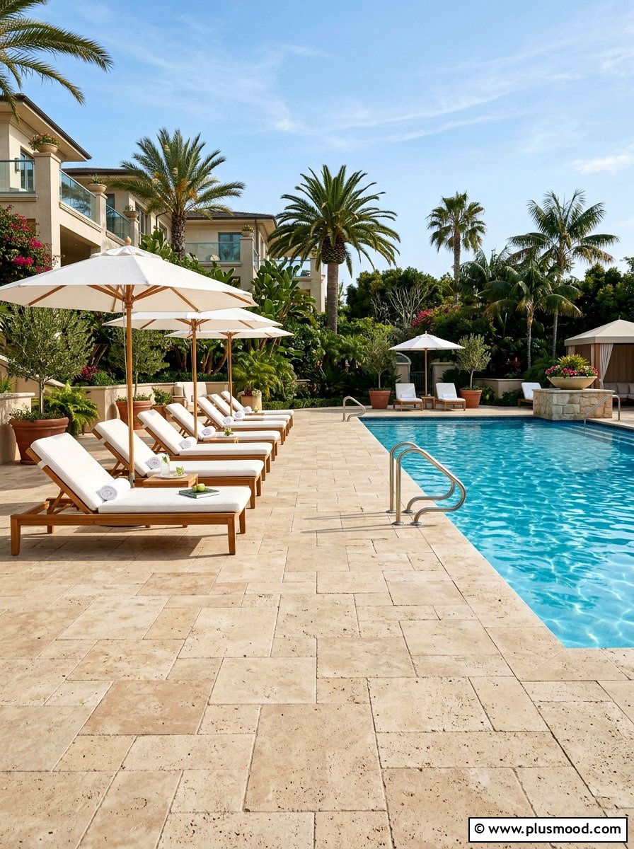 Travertine pool deck pavers - 25 pool landscaping ideas for saltwater pools