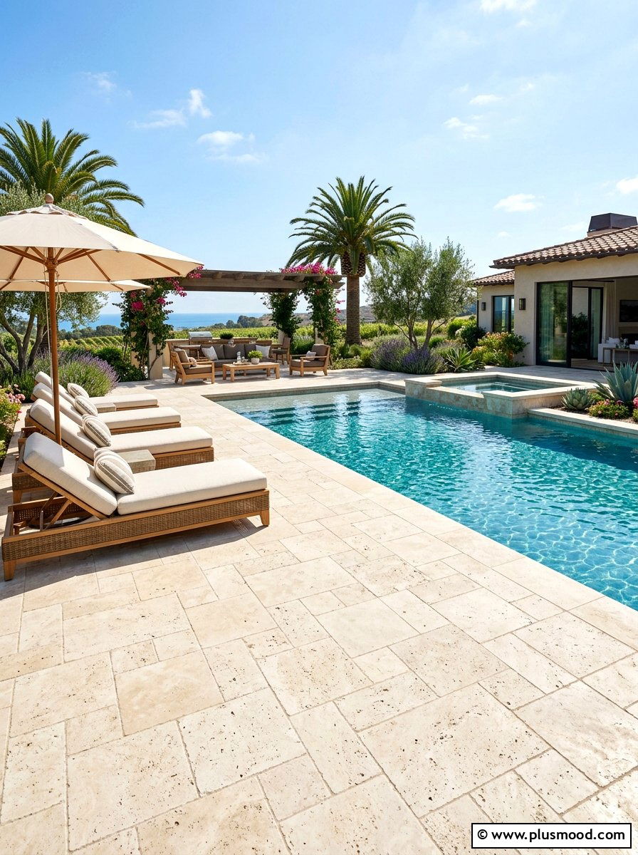 Travertine pool decking - 25 pool landscaping ideas for desert climates