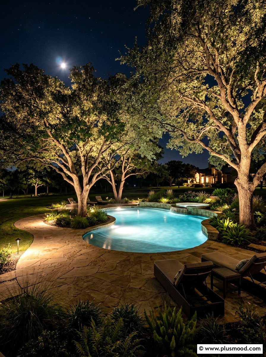 Tree Uplighting Pool Area - 25 pool landscaping ideas with lighting