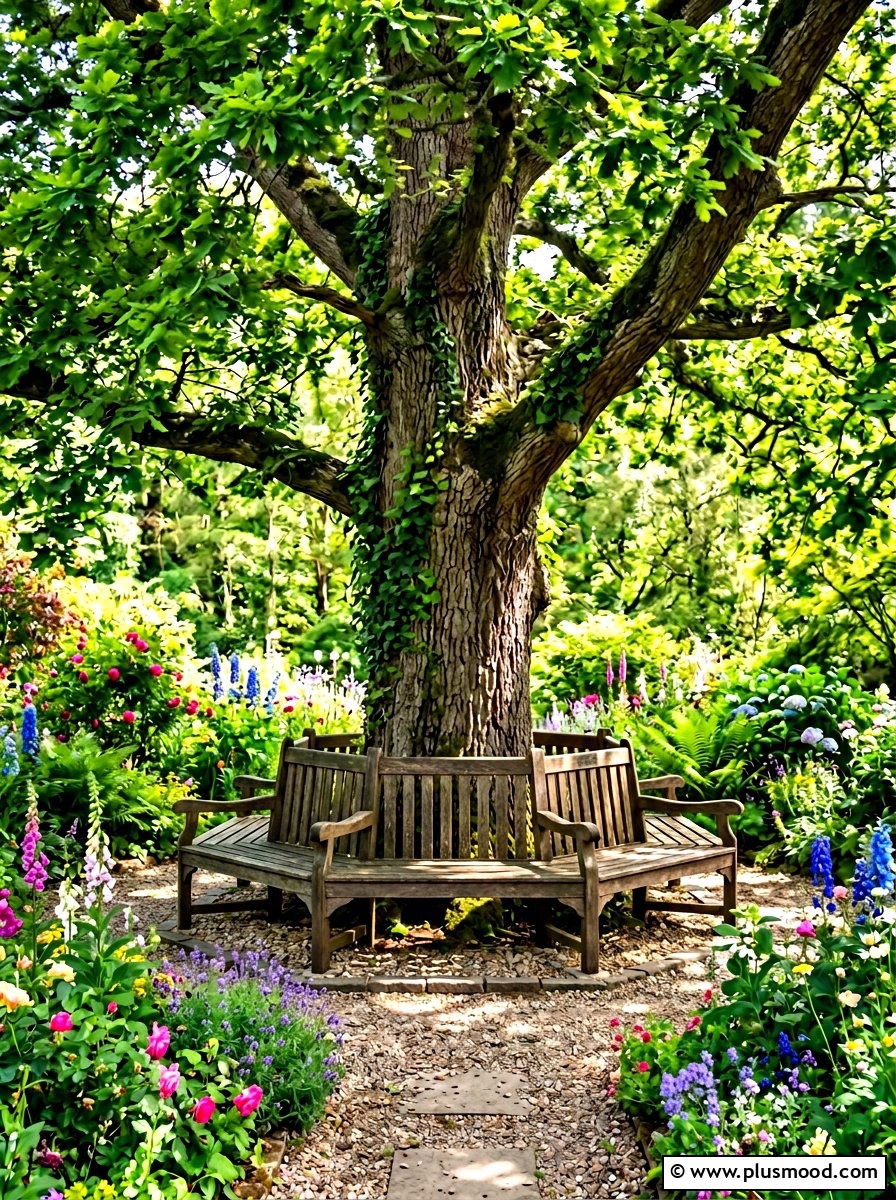 Tree bench wrap around seating - 25 summer backyard seating ideas for guests