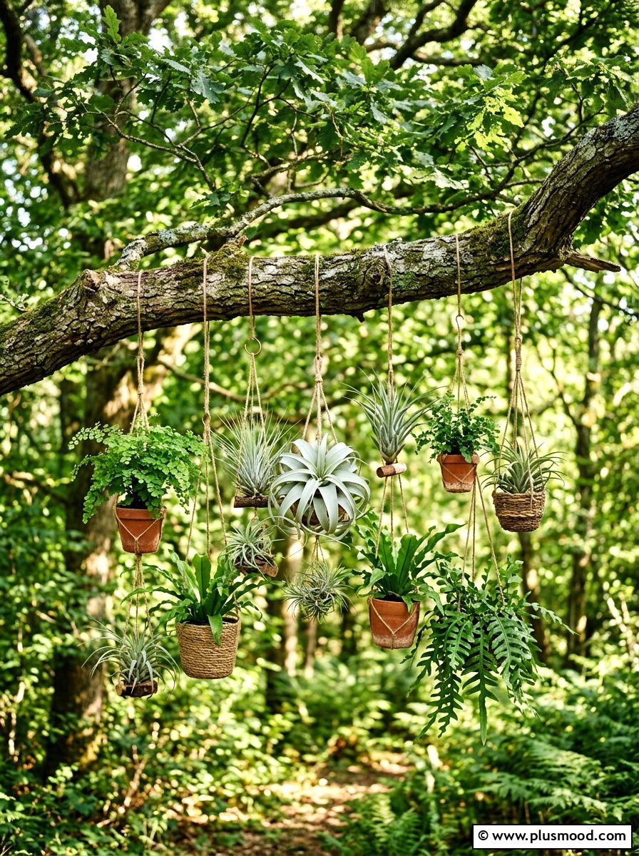 Tree branch hanging plant display - 25 small backyard ideas with hanging plants