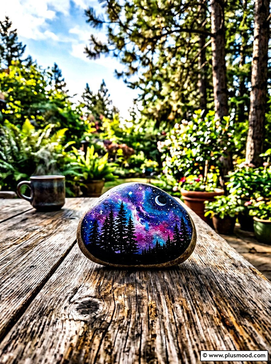 Tree silhouette galaxy rock - 25 painted rock ideas with galaxy design