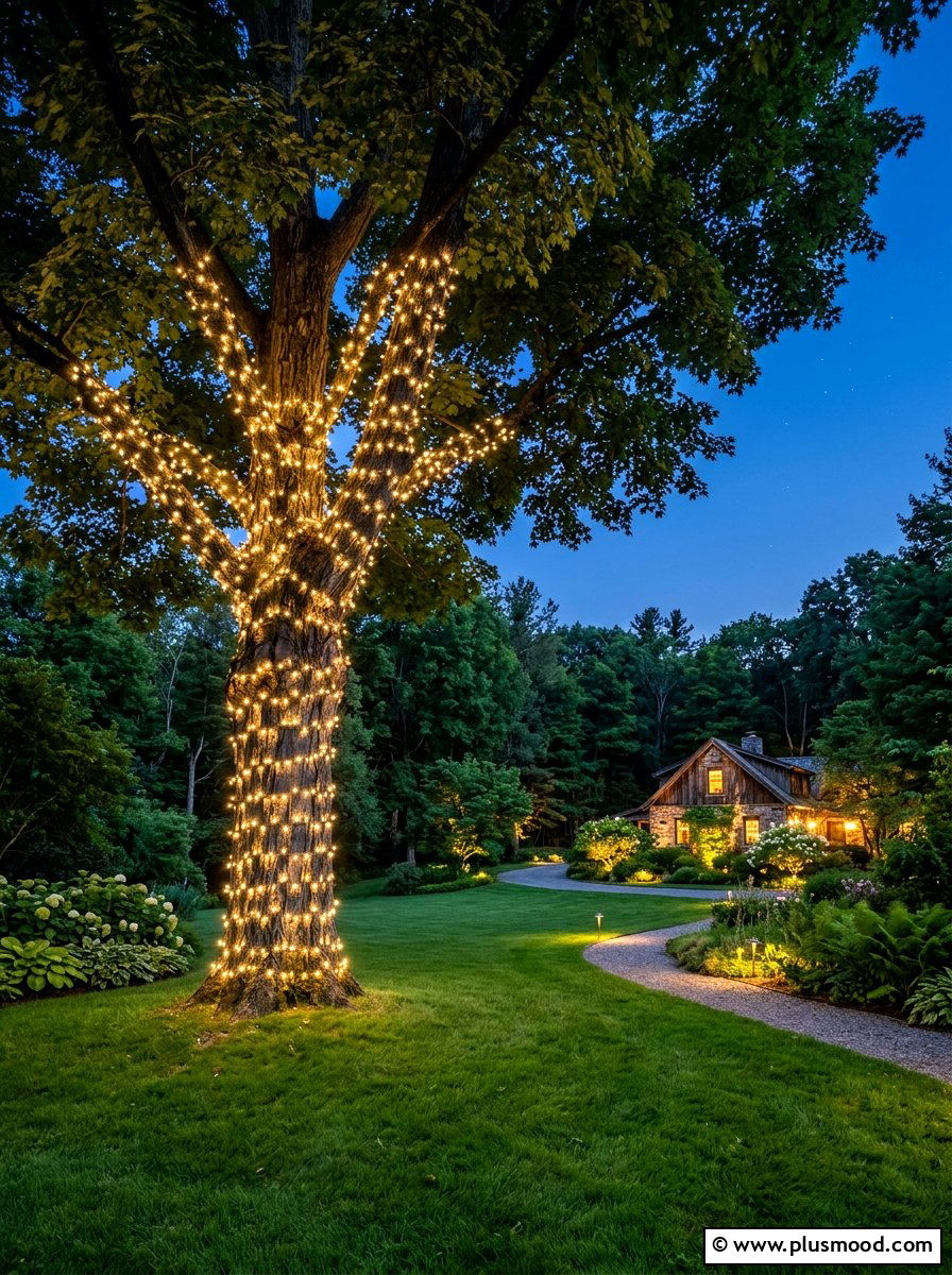Tree trunk fairy light wrap - 25 summer outdoor lighting ideas for parties