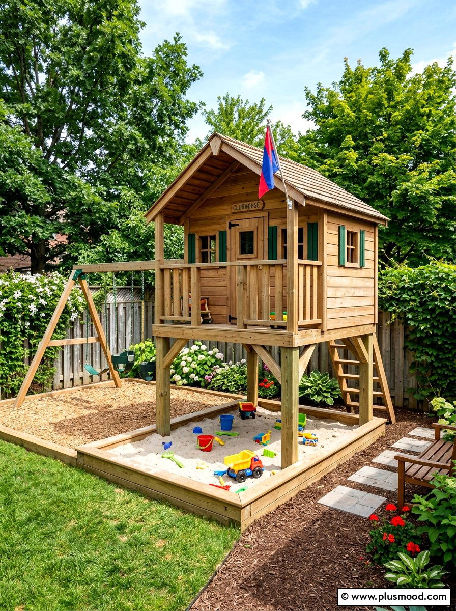 Treehouse Base Sandbox - 25 small backyard ideas with sandbox