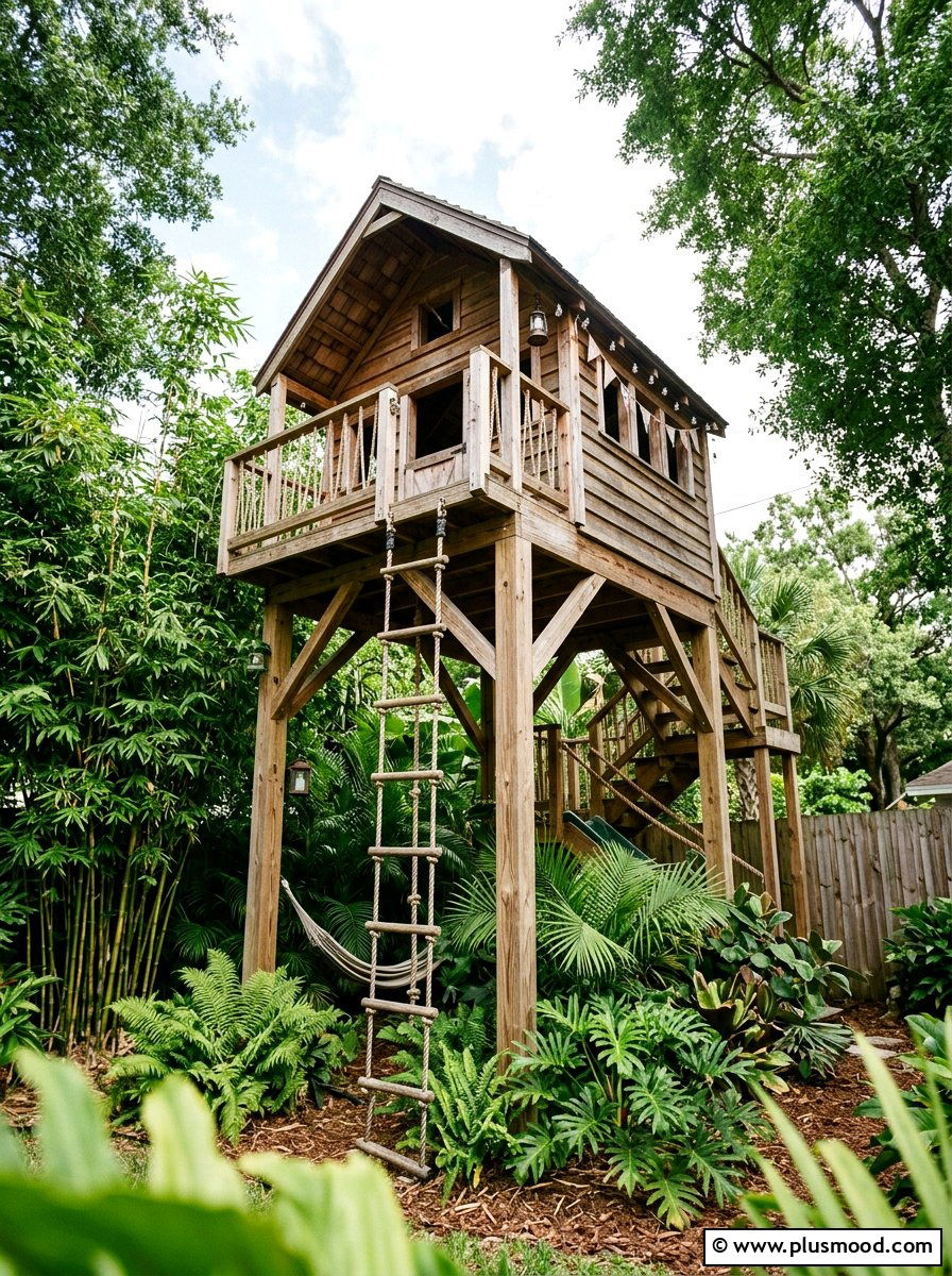 Treehouse style playhouse for small yard - 25 small backyard ideas with playhouse