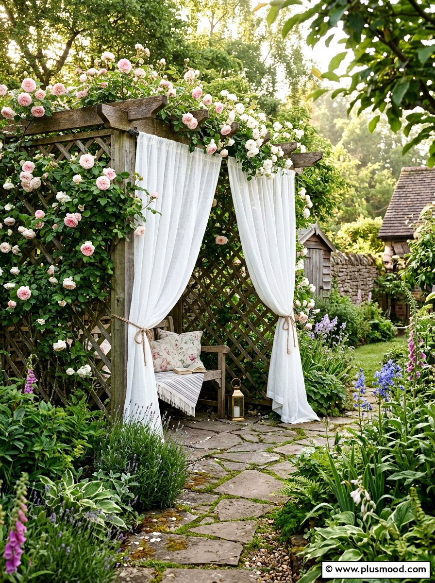 Trellis Wall With Hanging Sheers - 25 small backyard ideas with outdoor curtains