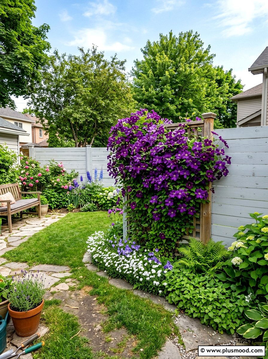 Trellis With Flowering Clematis - 25 small backyard ideas with garden