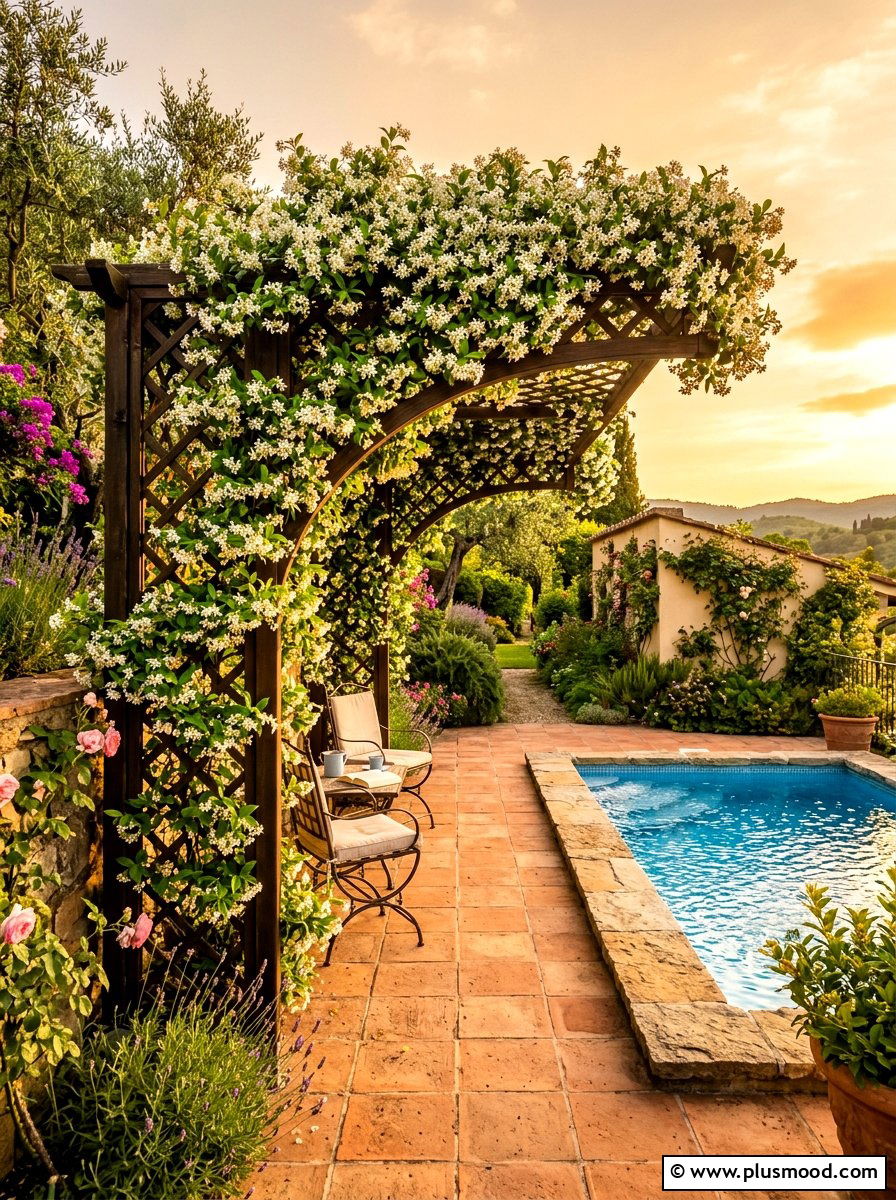 Trellis with climbing jasmine - 25 summer pool privacy ideas