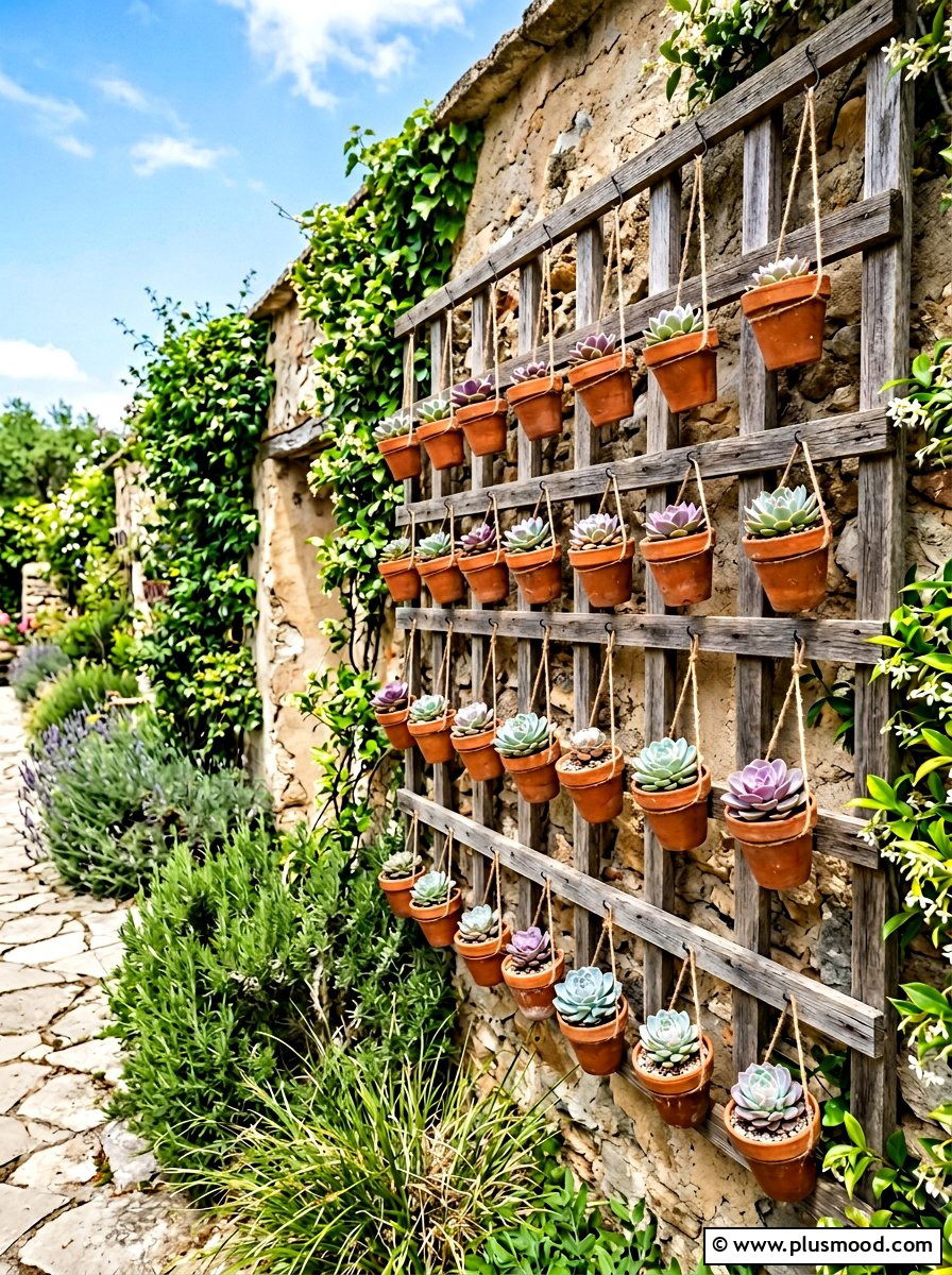Trellis with hanging succulents - 25 small backyard ideas with hanging plants