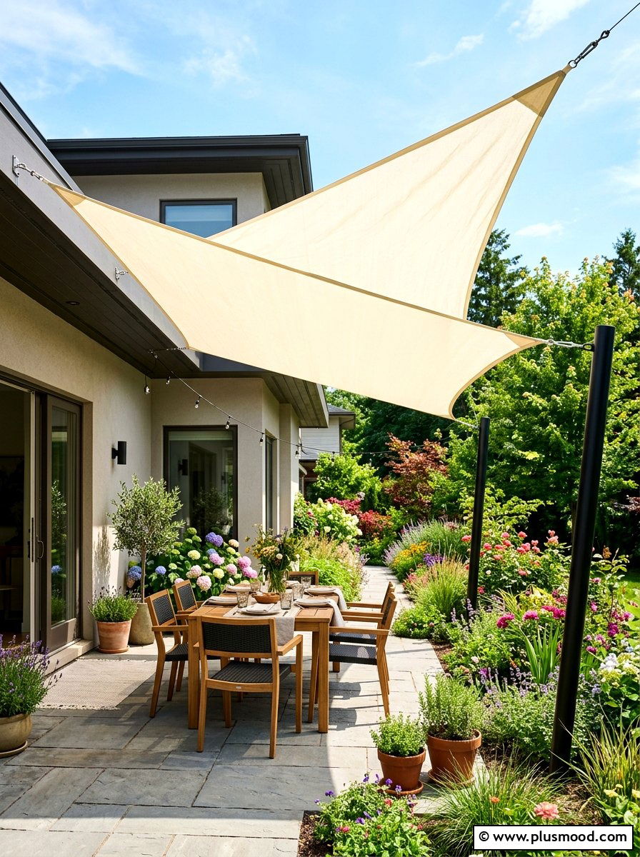 Triangular Sun Sail - 25 summer backyard ideas for small yards