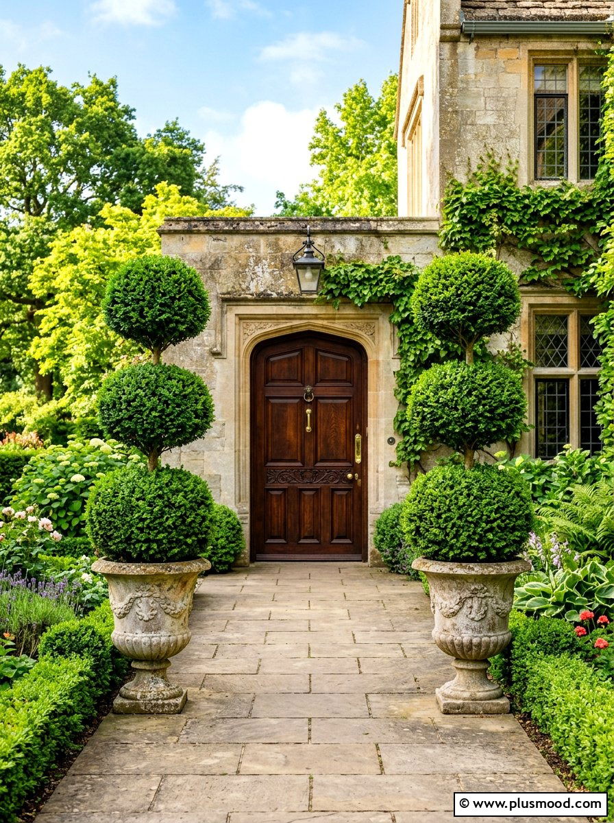 Triple ball boxwood topiaries - 25 summer front porch decor ideas with topiaries