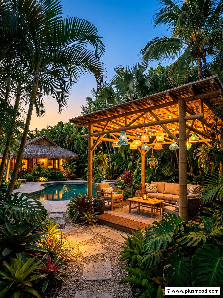 Tropical Backyard Bamboo Pergola Lights - 25 small backyard ideas with pergola lights
