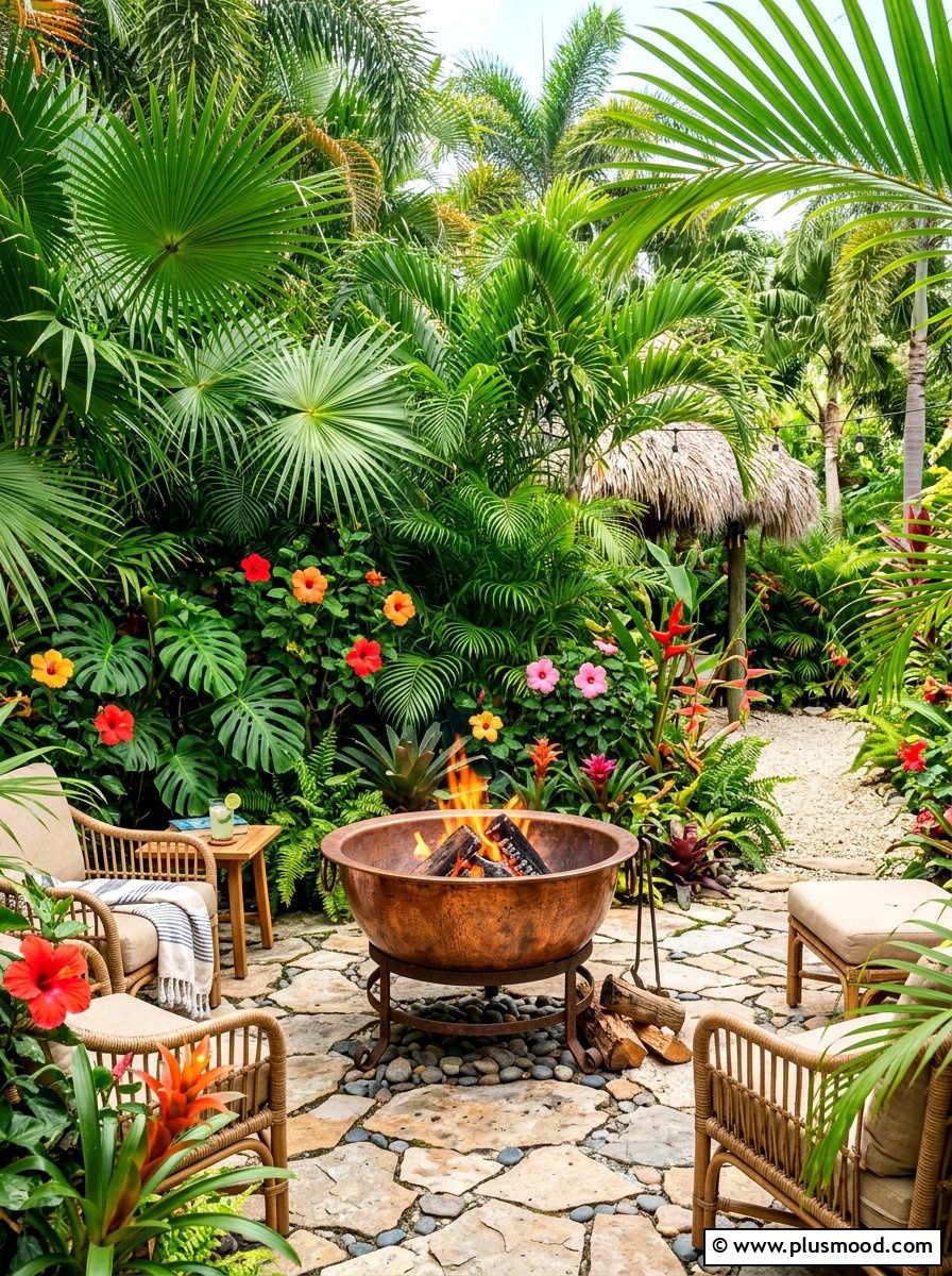 Tropical Backyard Fire Bowl - 25 small backyard ideas with fire bowl