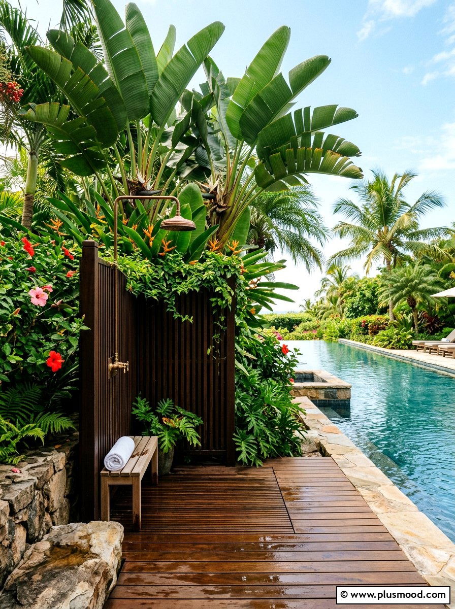 Tropical Backyard Landscaping Near Swimming Pool - 25 pool landscaping ideas with outdoor shower