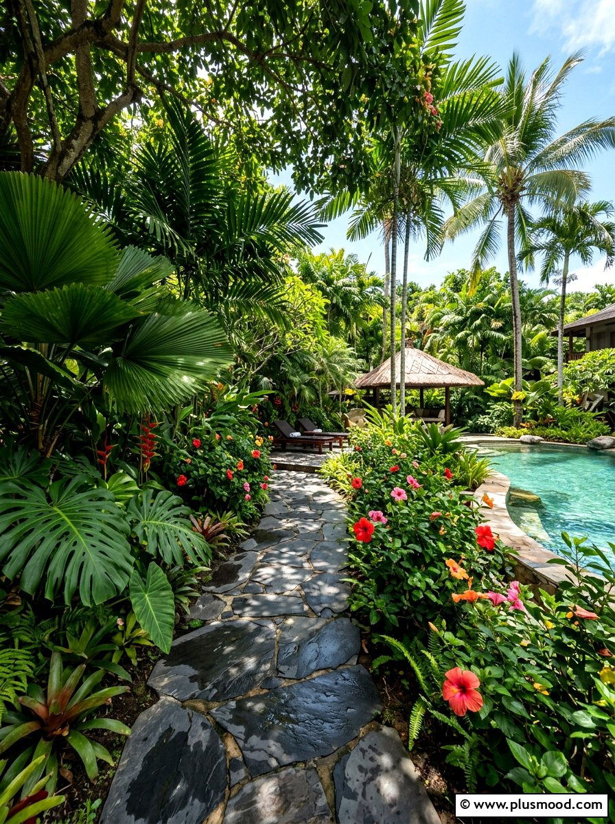 Tropical Garden Path Near Pool - 25 pool landscaping ideas with stone pathway
