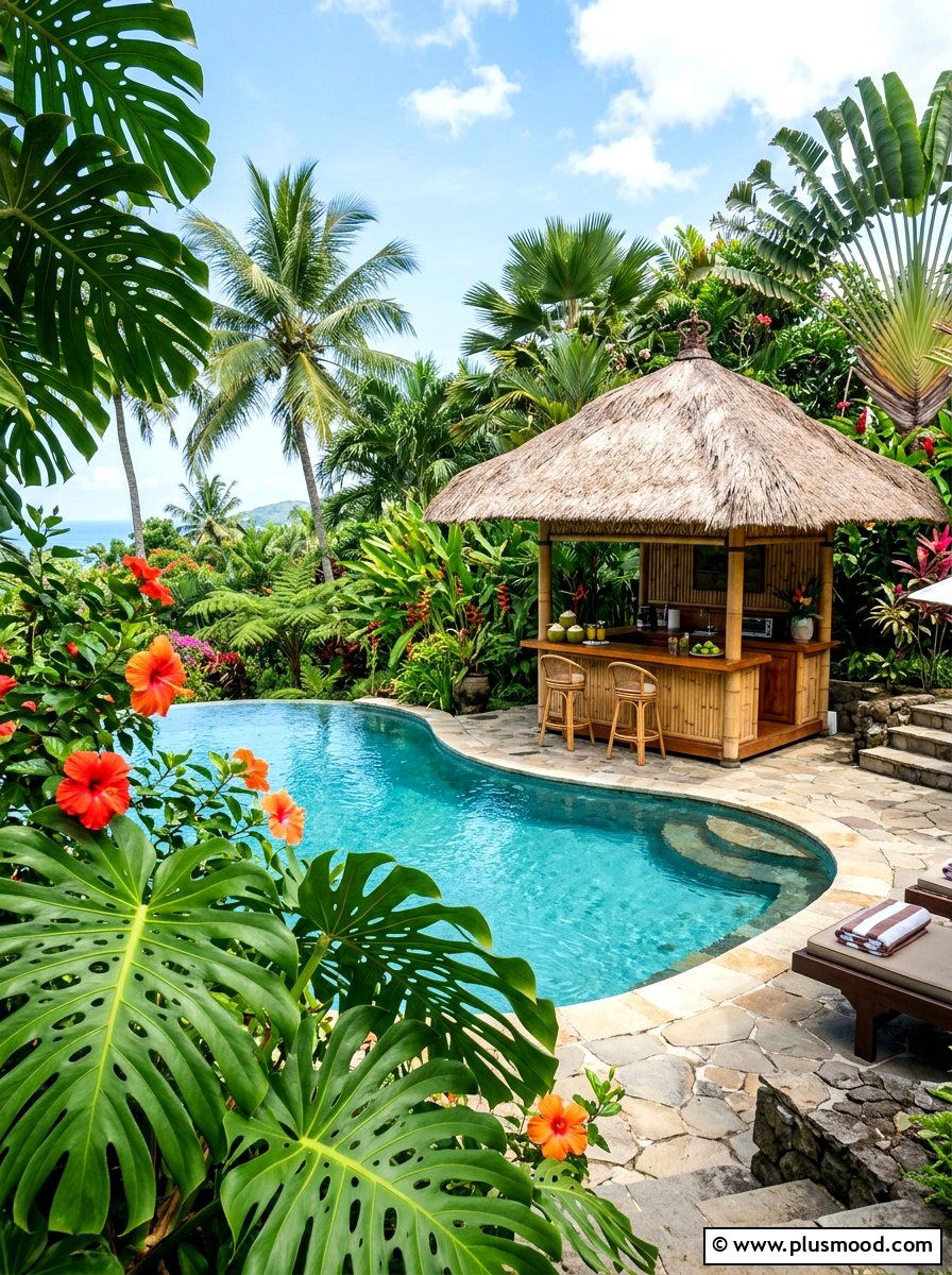 Tropical Garden Pool - 25 pool landscaping ideas with outdoor kitchen