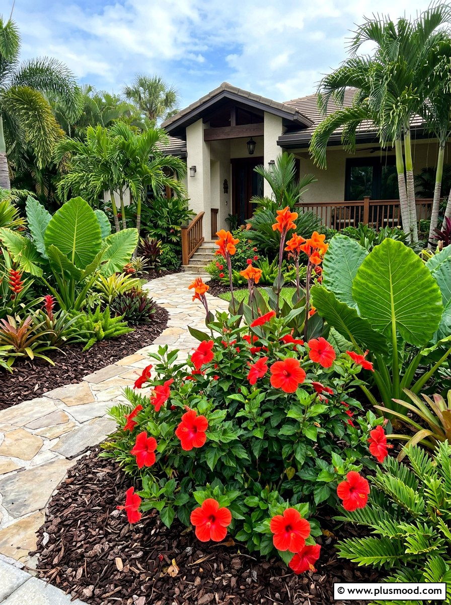 Tropical Garden With Hibiscus And Cannas - 25 summer flower bed ideas for front yard