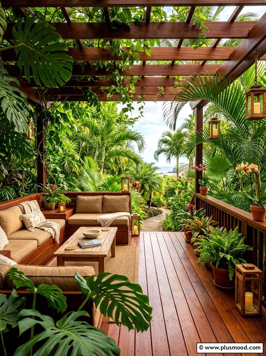 Tropical Green And Wood Deck - 25 small backyard ideas with color scheme